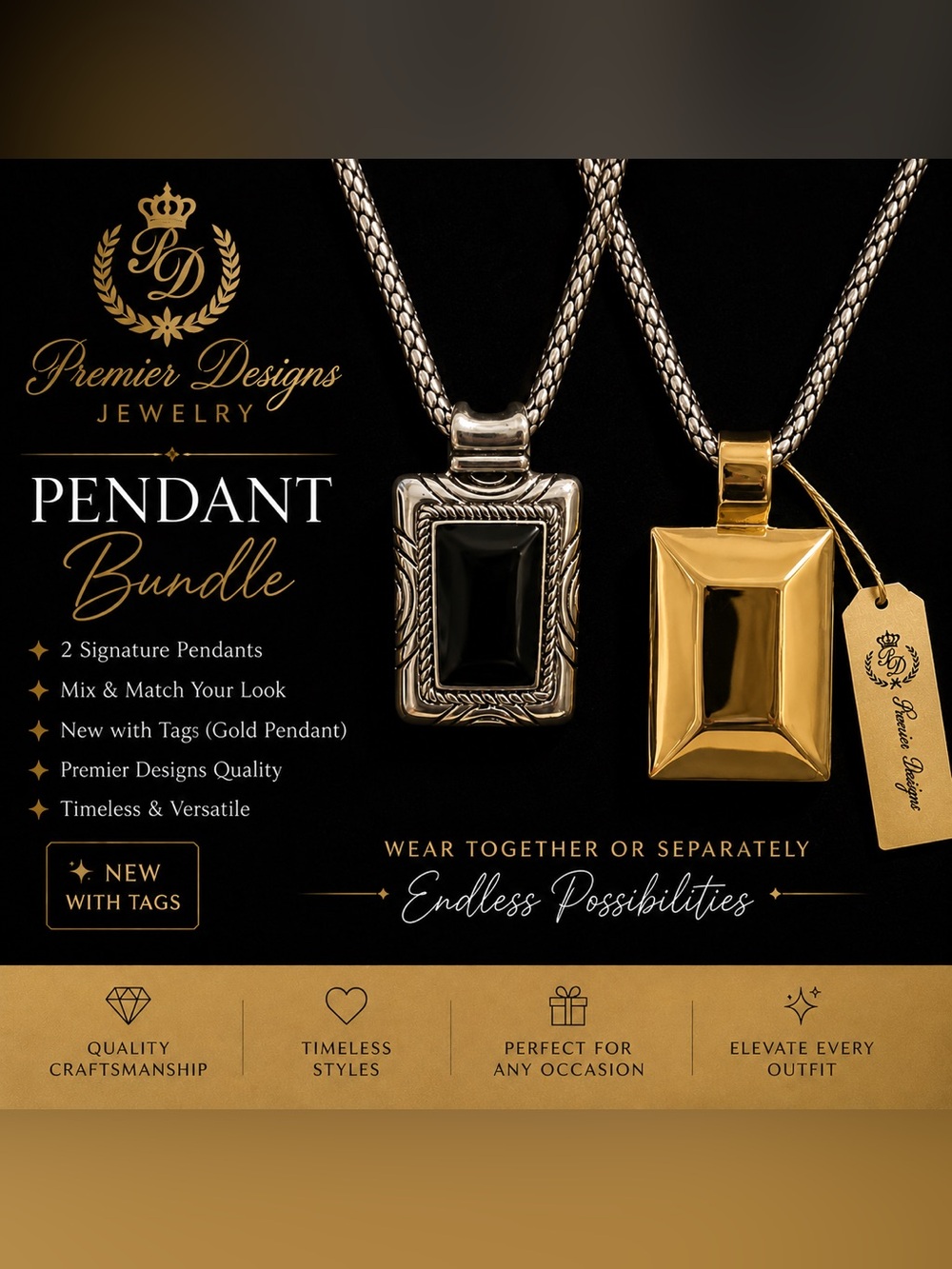 Premier Designs Pendant Necklace Bundle Gold Silver Black NWT